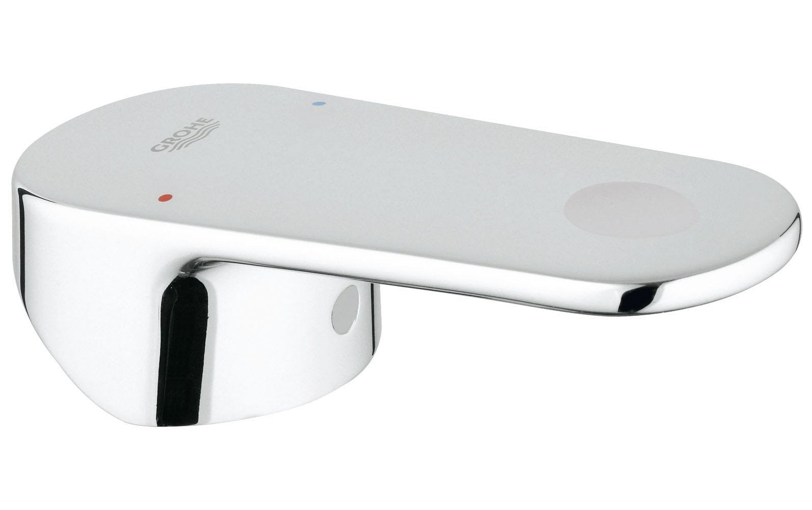 Chrome and white faucet lever handle with Grohe branding and indicator dots on top surface.