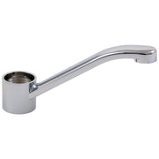 Chrome kitchen faucet spout with curved swing arm and cylindrical handle base.