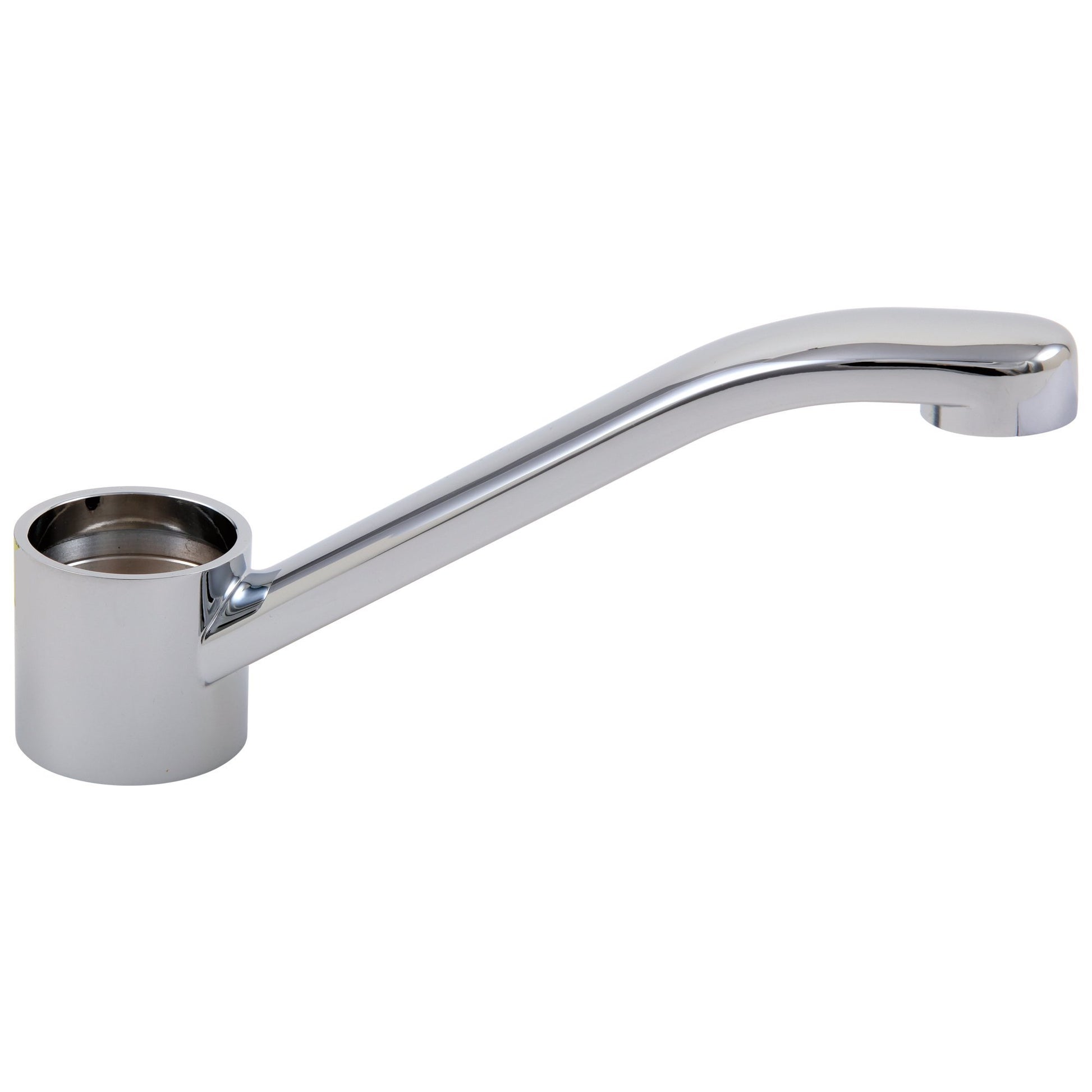 Chrome kitchen faucet spout with curved swing arm and cylindrical handle base.