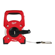 Red open reel fiberglass tape measure with black handle and metal hook attached to extended tape.