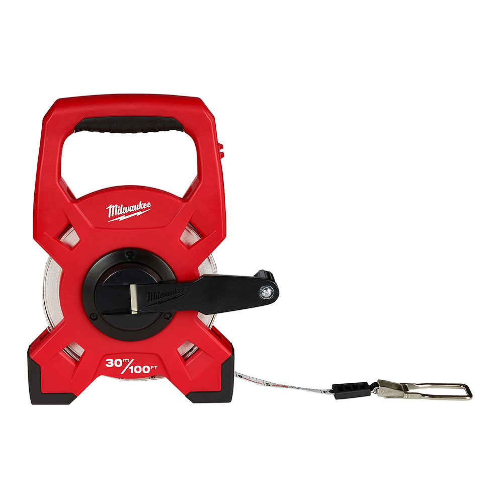 Red open reel fiberglass tape measure with black handle and metal hook attached to extended tape.