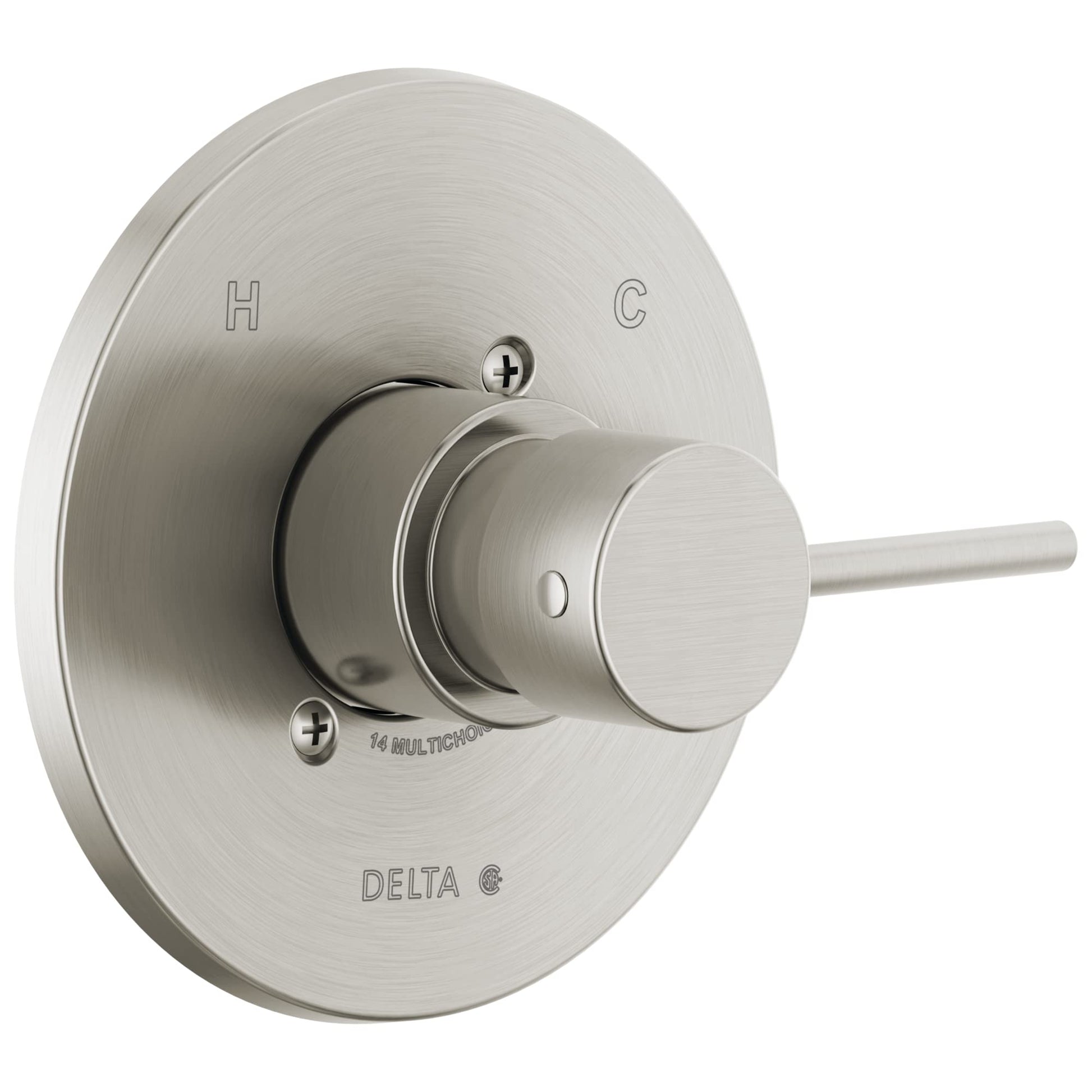 Brushed nickel circular valve trim with single lever handle and hot/cold indicators on round escutcheon plate.