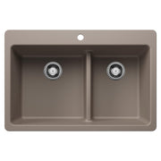 Truffle-colored dual-bowl sink with low divide and chrome drain strainers for dual mount installation.