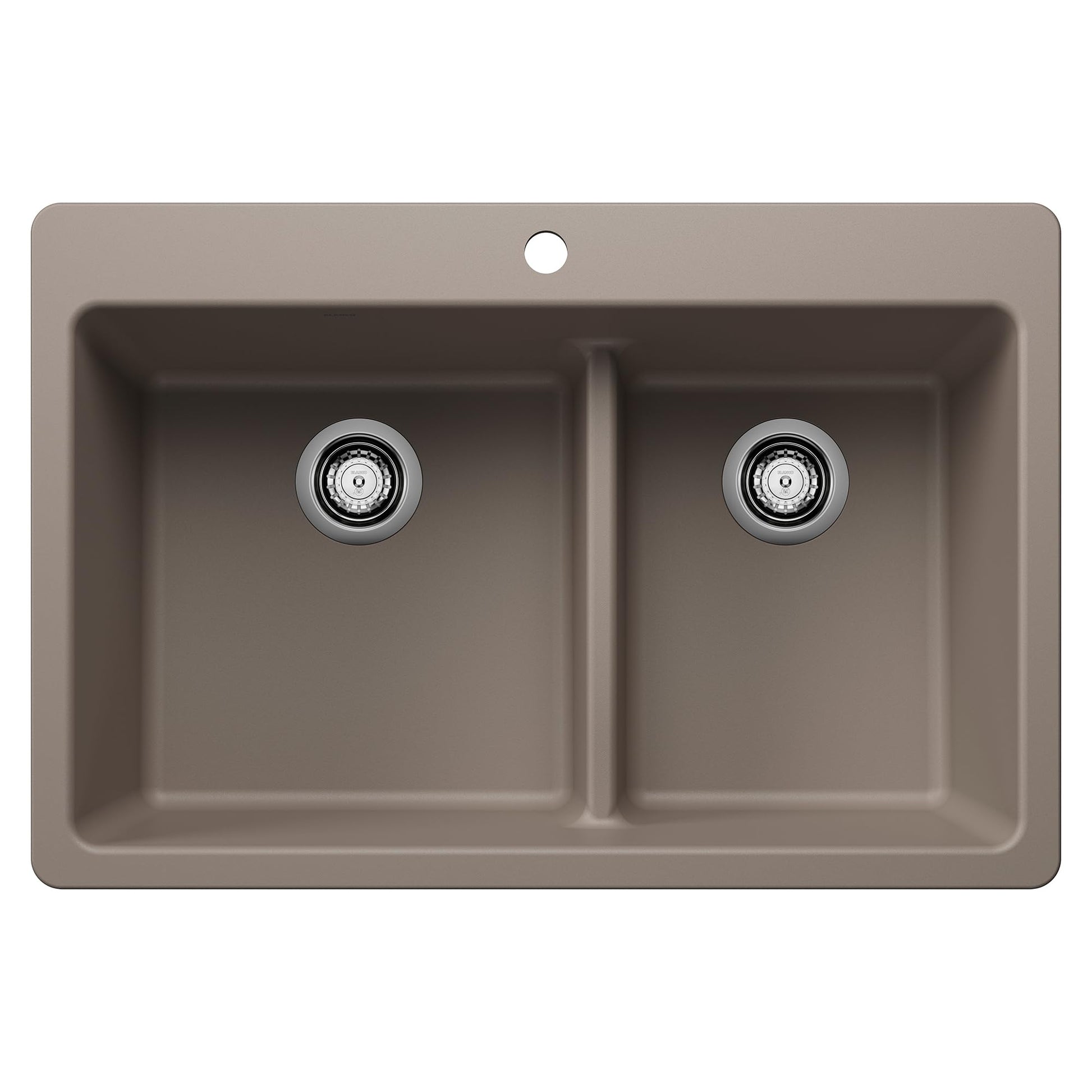 Truffle-colored dual-bowl sink with low divide and chrome drain strainers for dual mount installation.