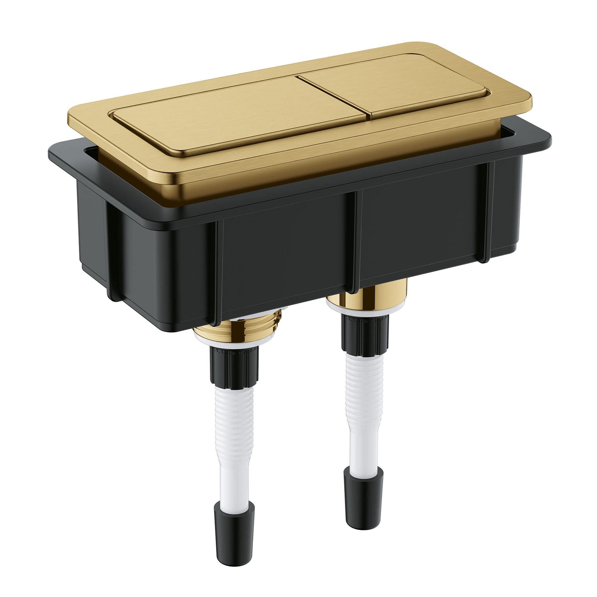Grohe Eurocube dual flush actuator with brushed gold finish and two rectangular buttons mounted on black housing with connect