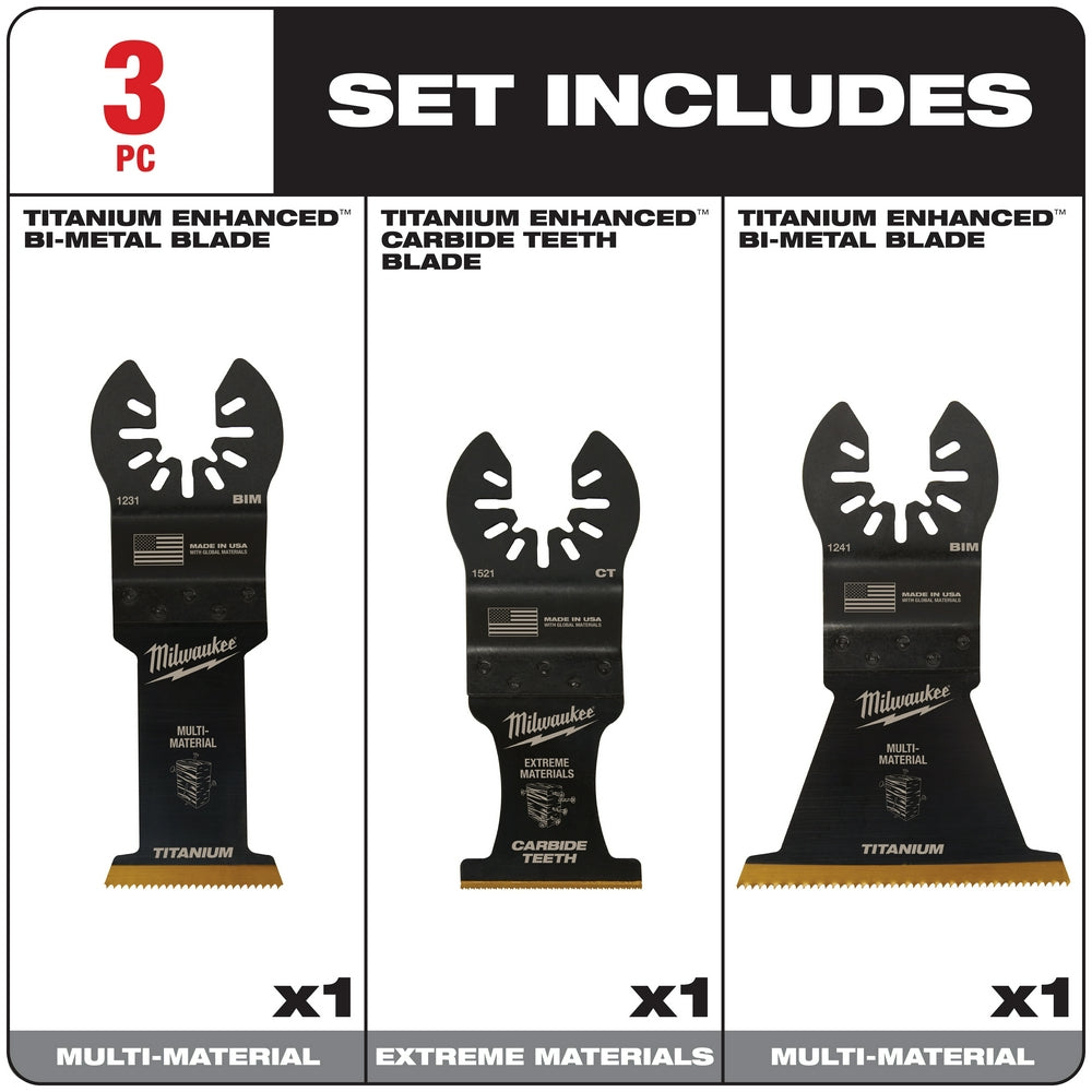Three black Milwaukee OPEN-LOK multi-tool blades: two titanium bi-metal blades and one carbide teeth blade with gold-colored 