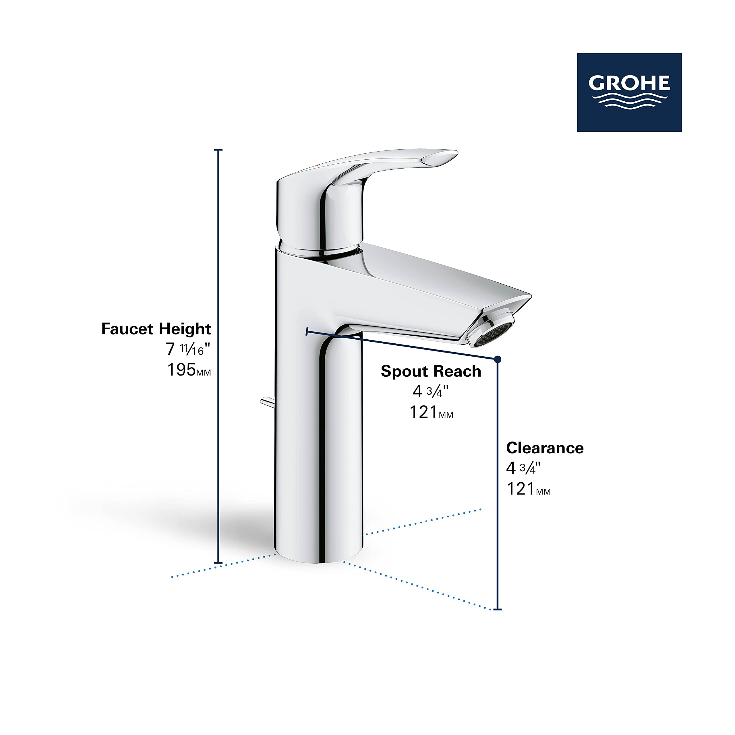 Chrome single-handle bathroom faucet with curved spout and rectangular basin, dimensions labeled.