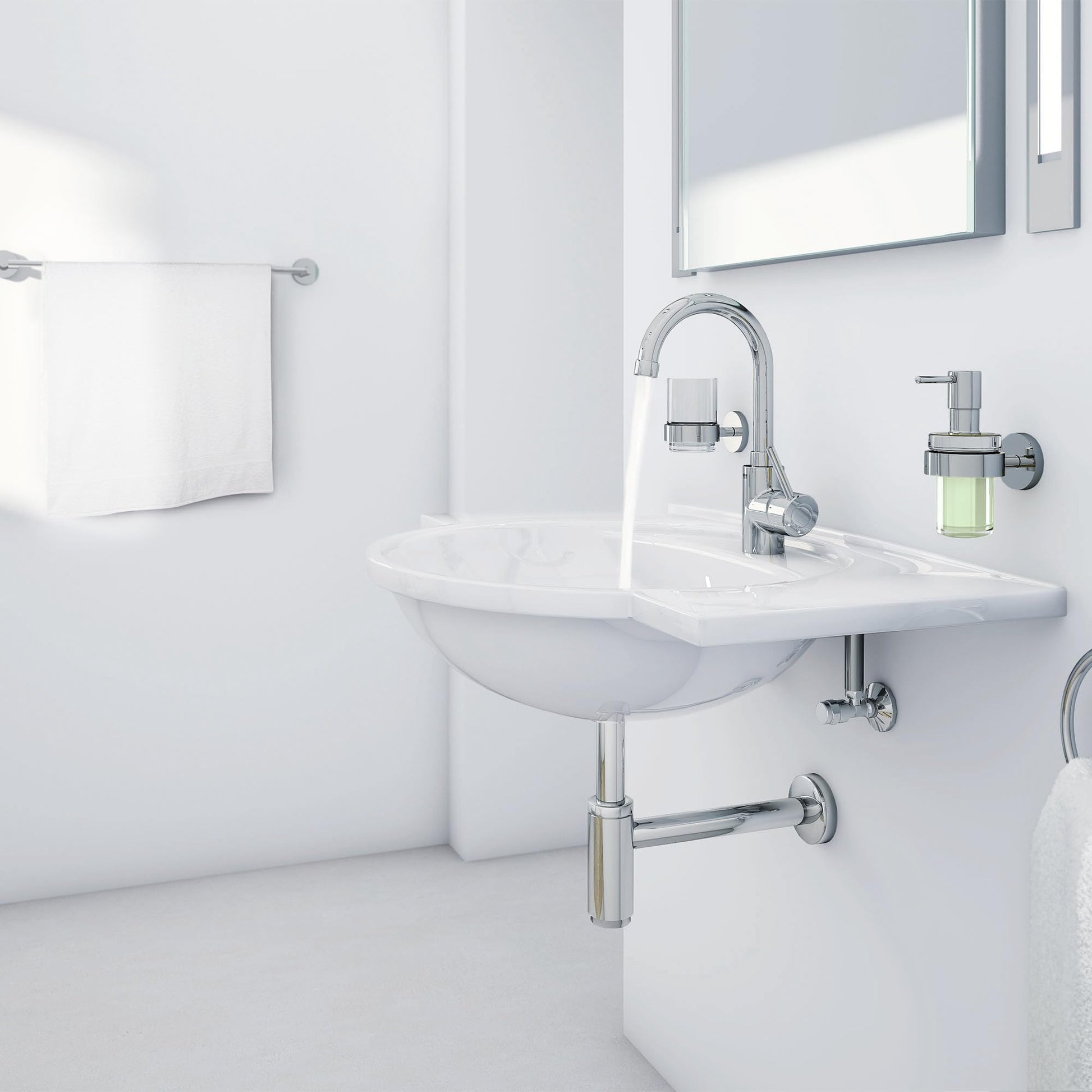 Chrome single-handle bathroom faucet with curved spout mounted on white sink in bathroom setting.
