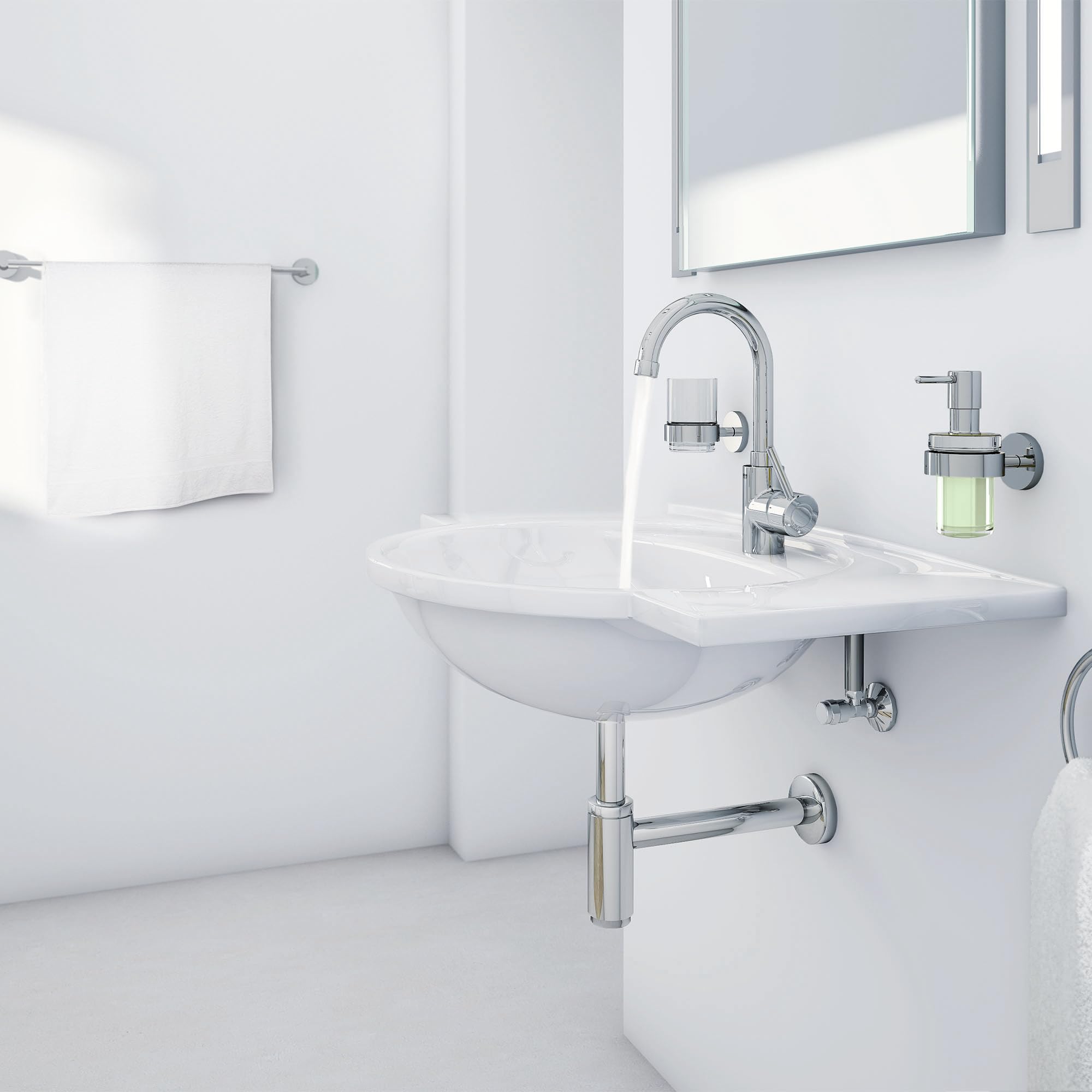 Chrome single-handle bathroom faucet with curved spout mounted on white sink in bathroom setting.