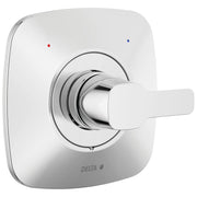 Chrome and white square trim valve with lever handle and red and blue temperature indicator dots.