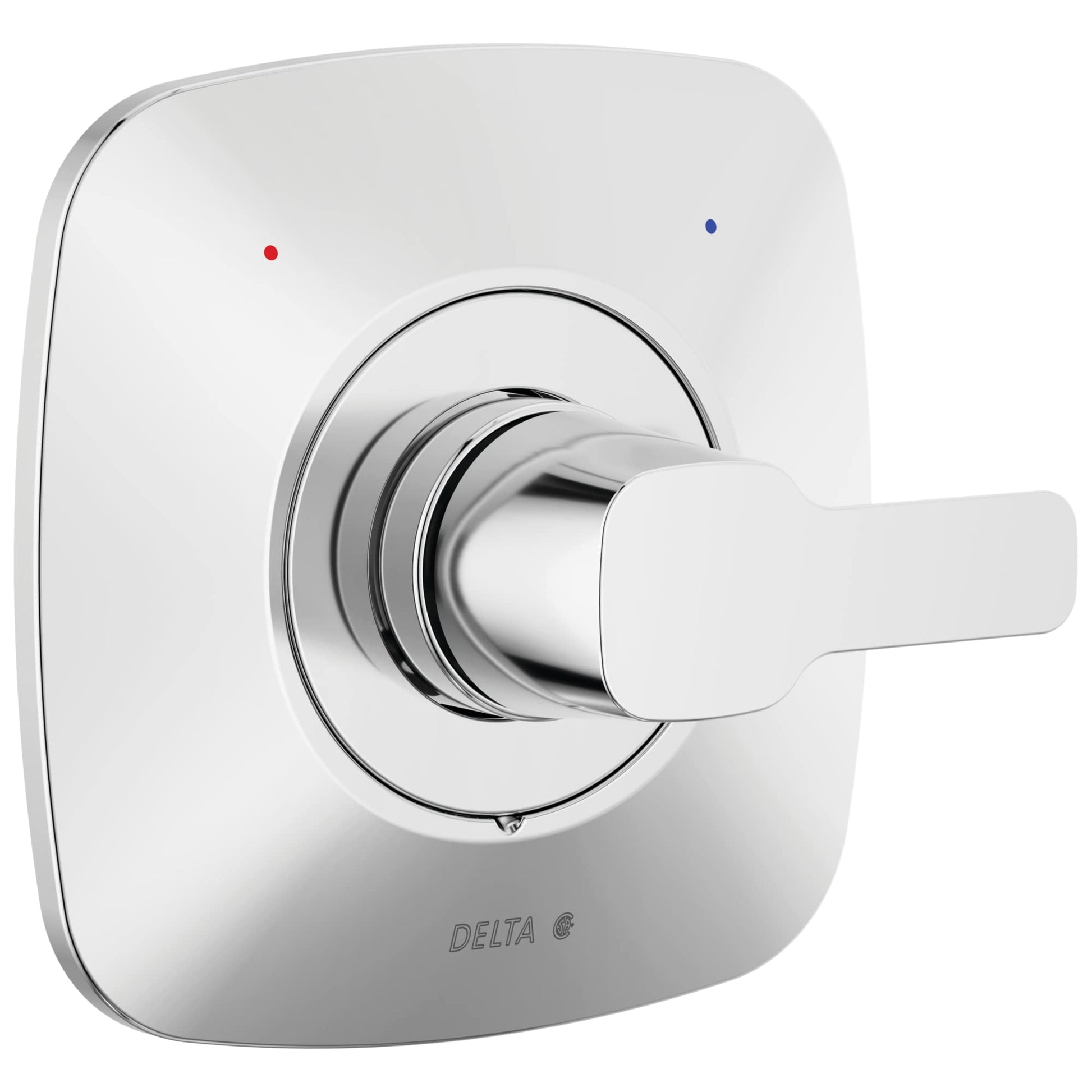 Chrome and white square trim valve with lever handle and red and blue temperature indicator dots.