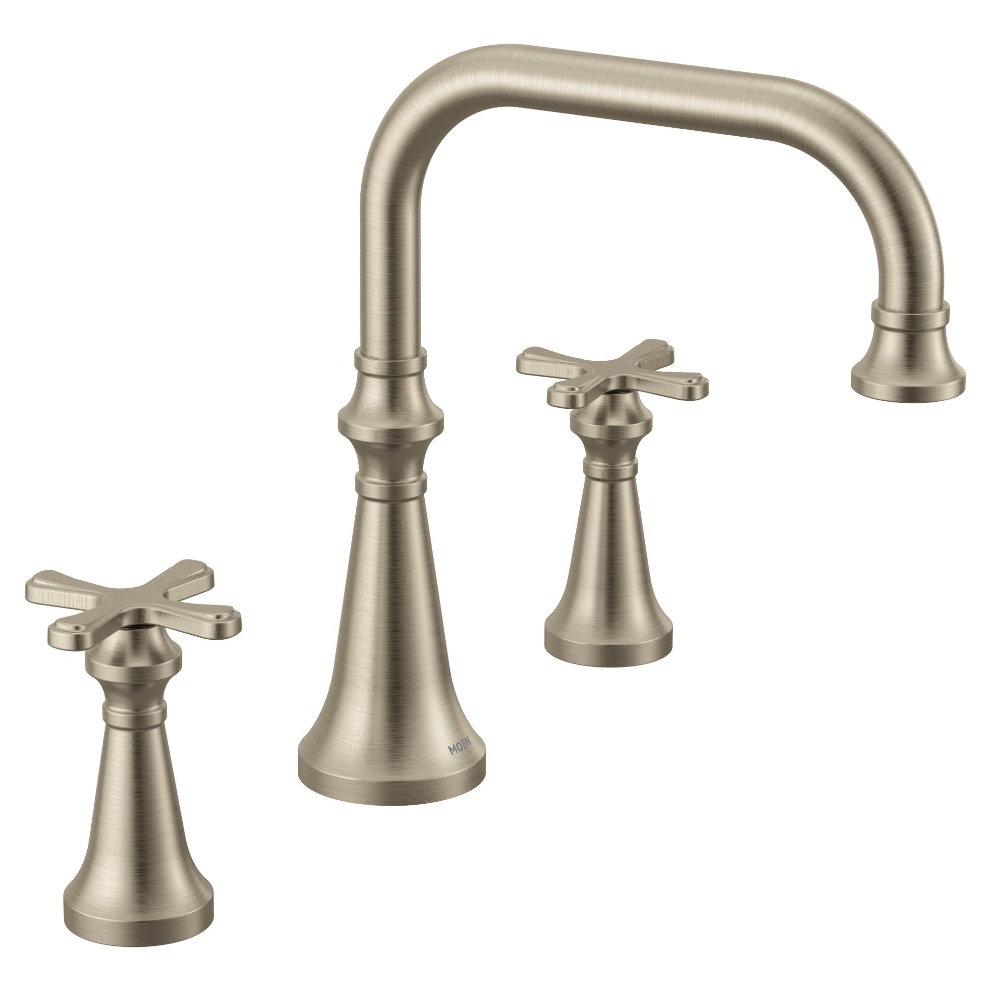 Brushed nickel deck mount roman tub faucet with arched spout and two cross handles.