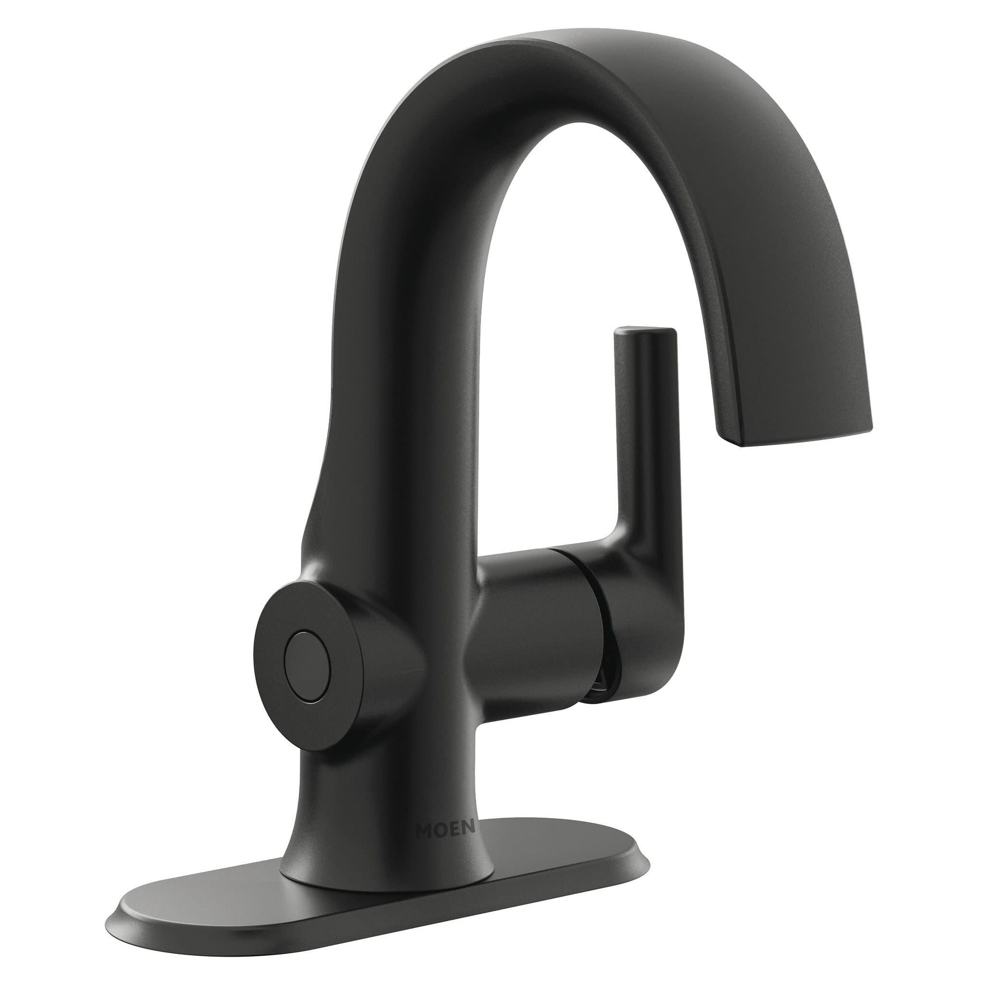 Matte black single-handle bathroom faucet with curved spout and motion sensor on round base.
