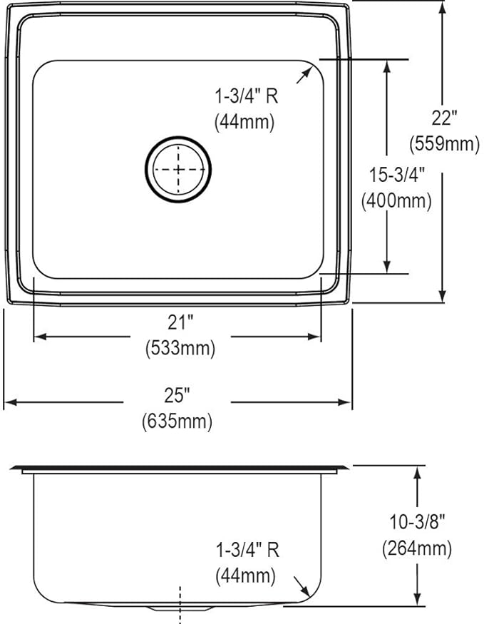 Stainless steel single bowl drop-in sink with rounded corners and drain hole, shown in top and side view technical drawings w
