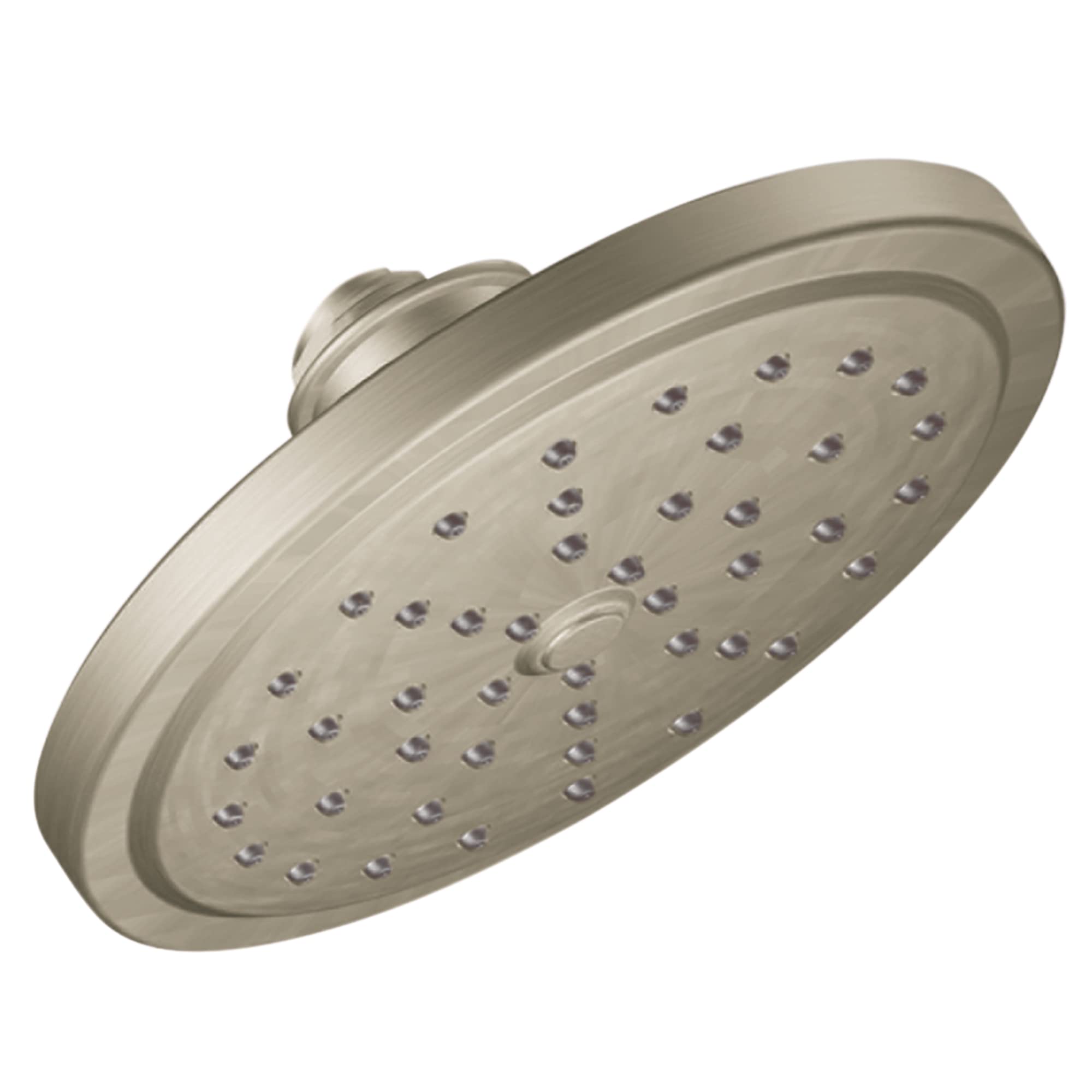 Brushed nickel round shower head with multiple spray holes and wall-mounted connector arm.