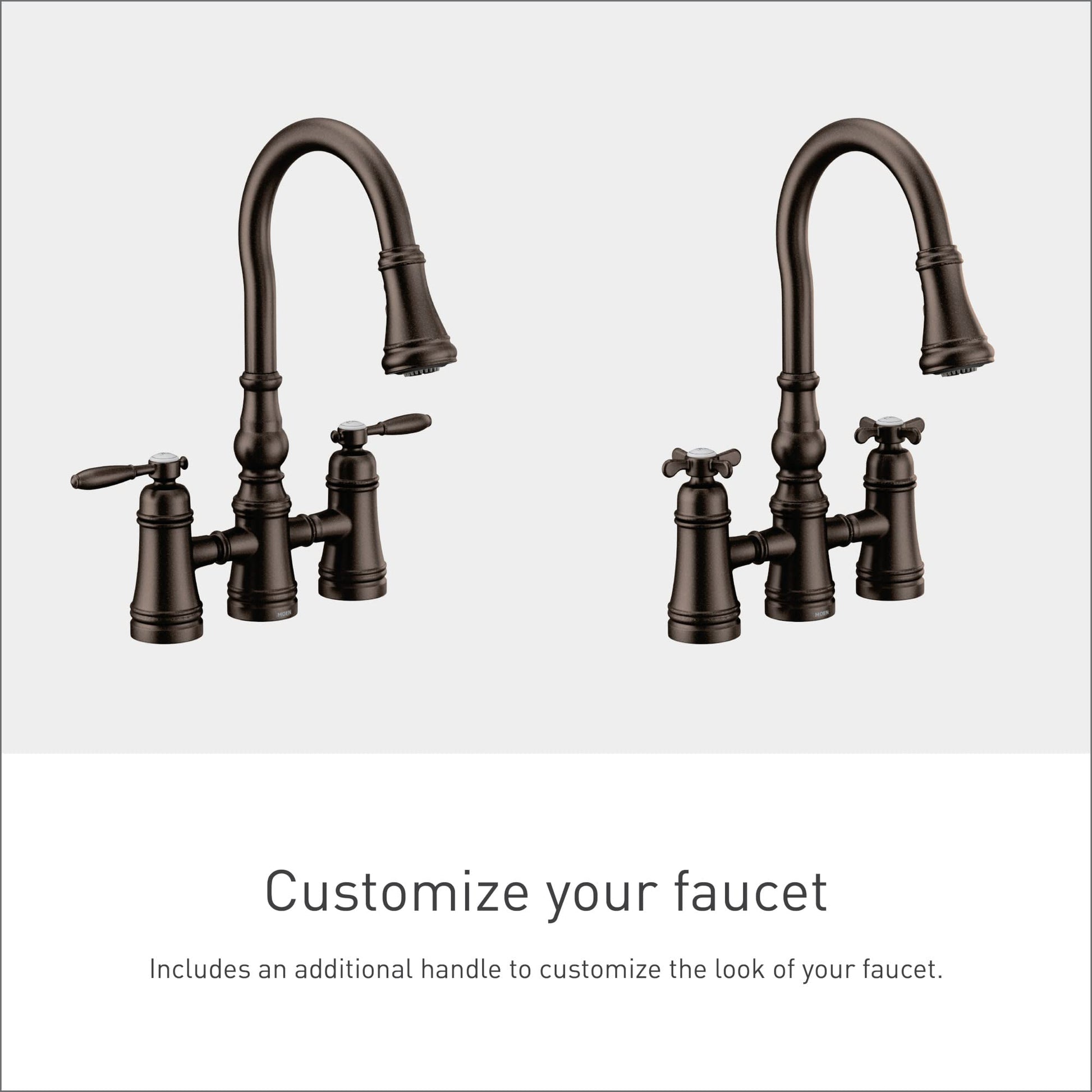 Oil rubbed bronze two-handle bridge kitchen faucet with pulldown spout and lever handles shown in two configurations.