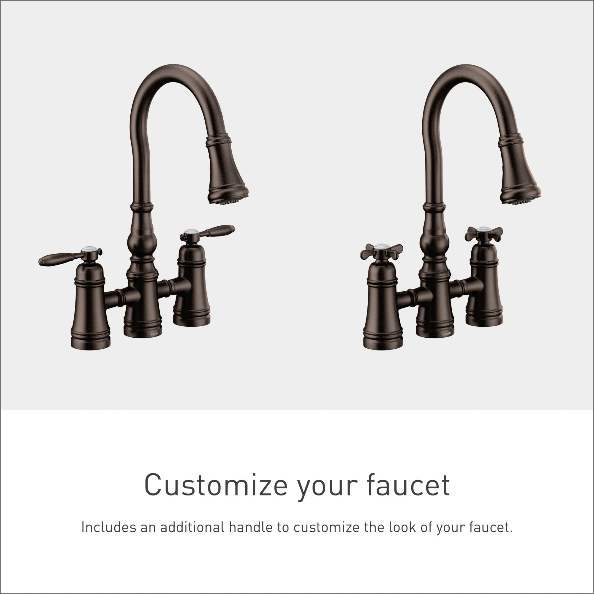 Oil rubbed bronze two-handle bridge kitchen faucet with pulldown spout and lever handles shown in two configurations.