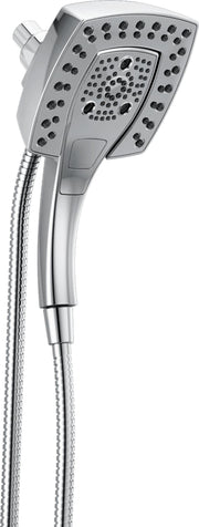 Chrome two-in-one square shower head with multiple spray jets, detachable hand shower, and braided hose.