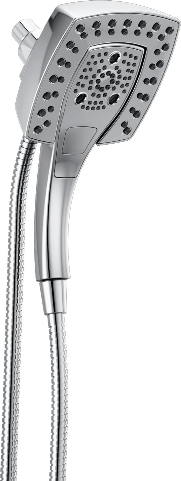 Chrome two-in-one square shower head with multiple spray jets, detachable hand shower, and braided hose.