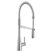 Chrome pulldown kitchen faucet with coiled hose, single handle, and tapered spout design.