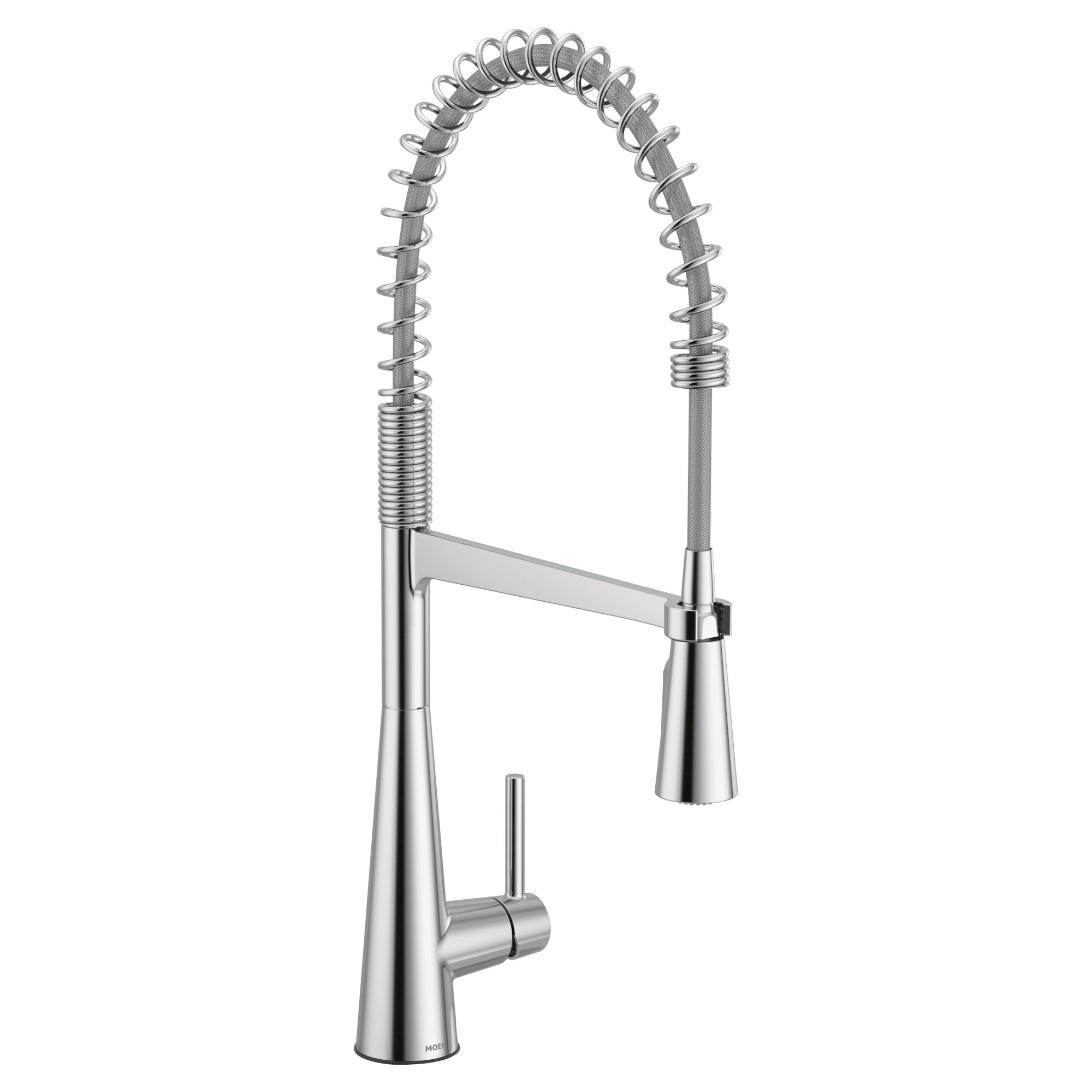 Chrome pulldown kitchen faucet with coiled hose, single handle, and tapered spout design.