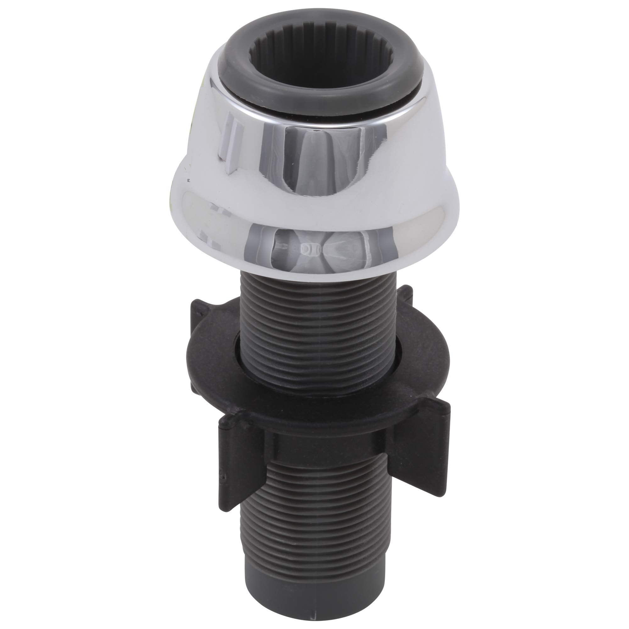 Chrome spray support assembly with threaded black pipe fitting and rubber seal ring.