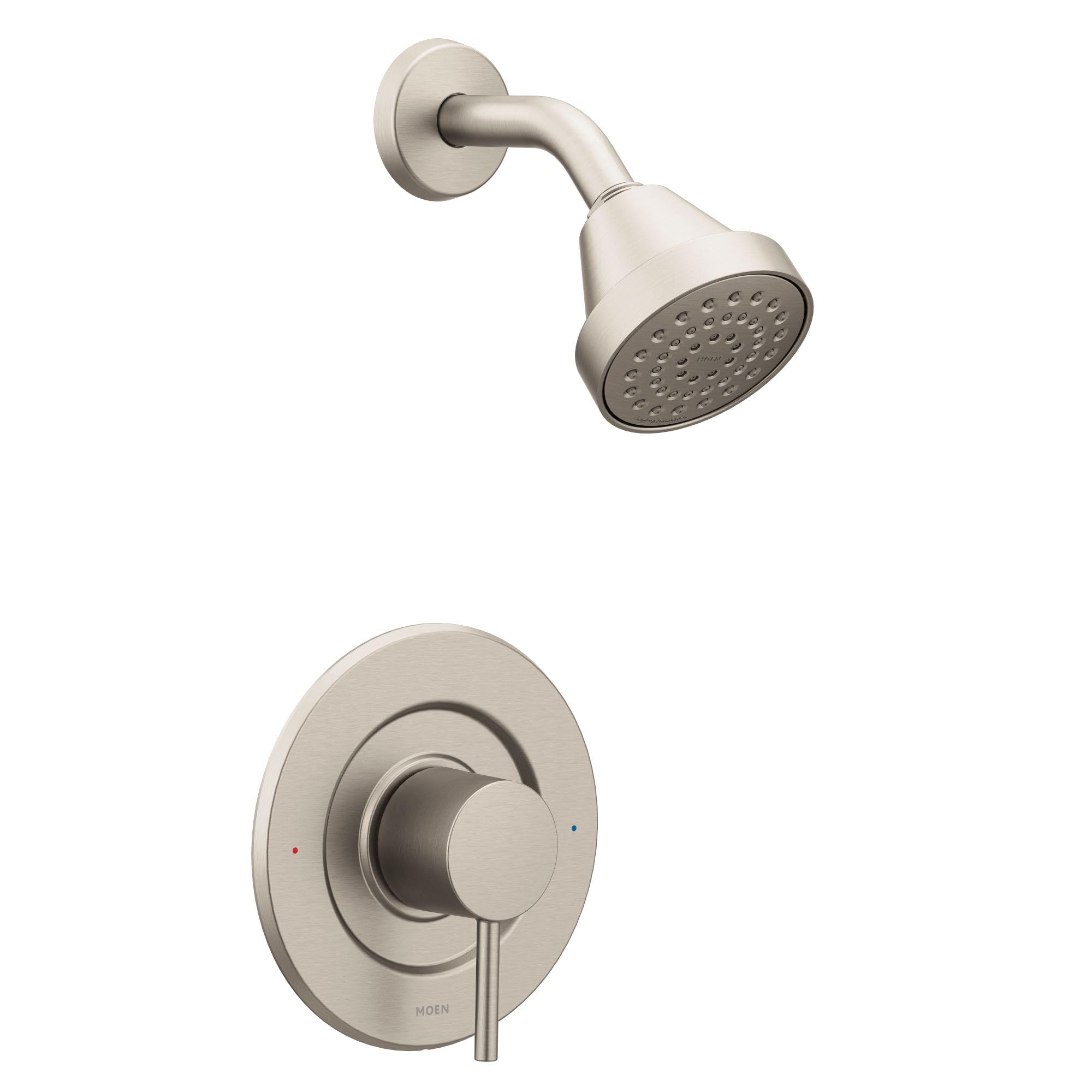 Brushed nickel shower trim kit with round showerhead, curved arm, and single-lever valve control.