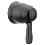 Matte black volume control valve trim with spherical handle and cylindrical escutcheon plate.