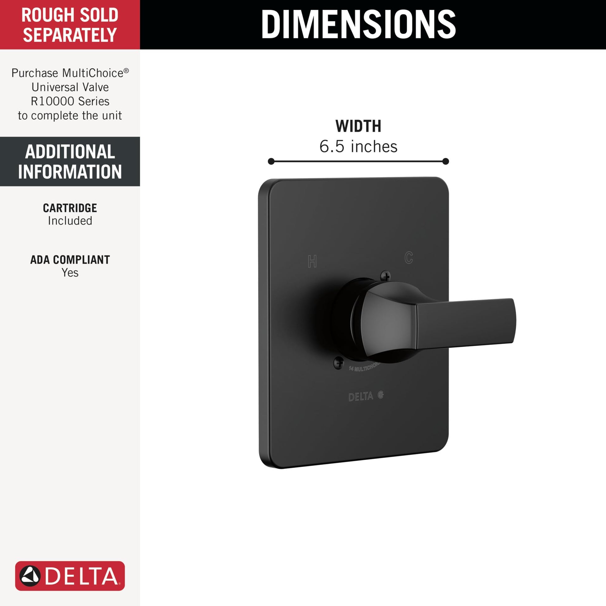 Matte black shower valve trim with single lever handle and square escutcheon plate, 6.5 inches wide.