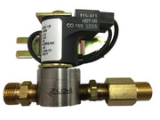 Brass solenoid valve with white coil, black plastic housing, and male threaded connections on both ends.
