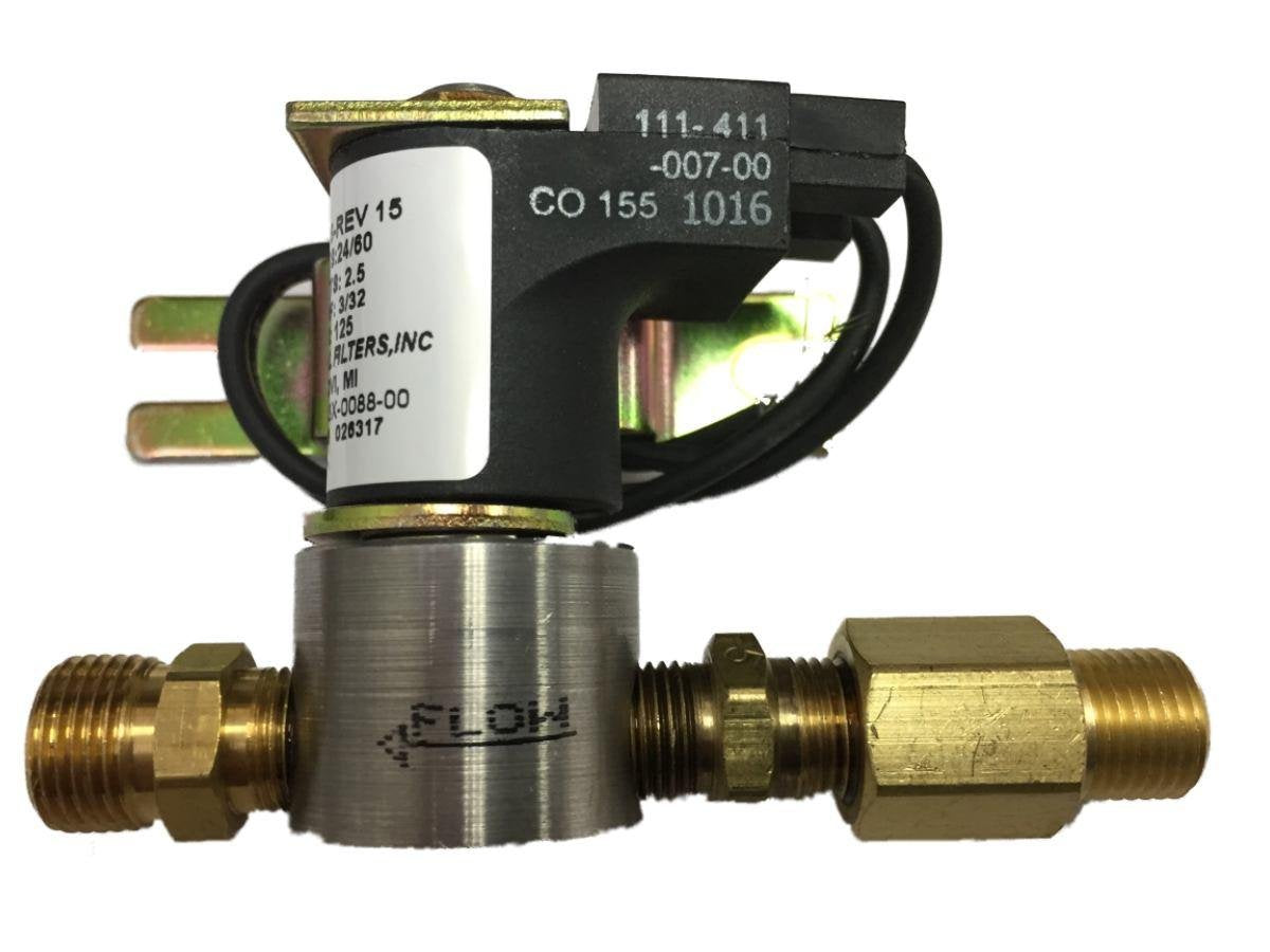 Brass solenoid valve with white coil, black plastic housing, and male threaded connections on both ends.
