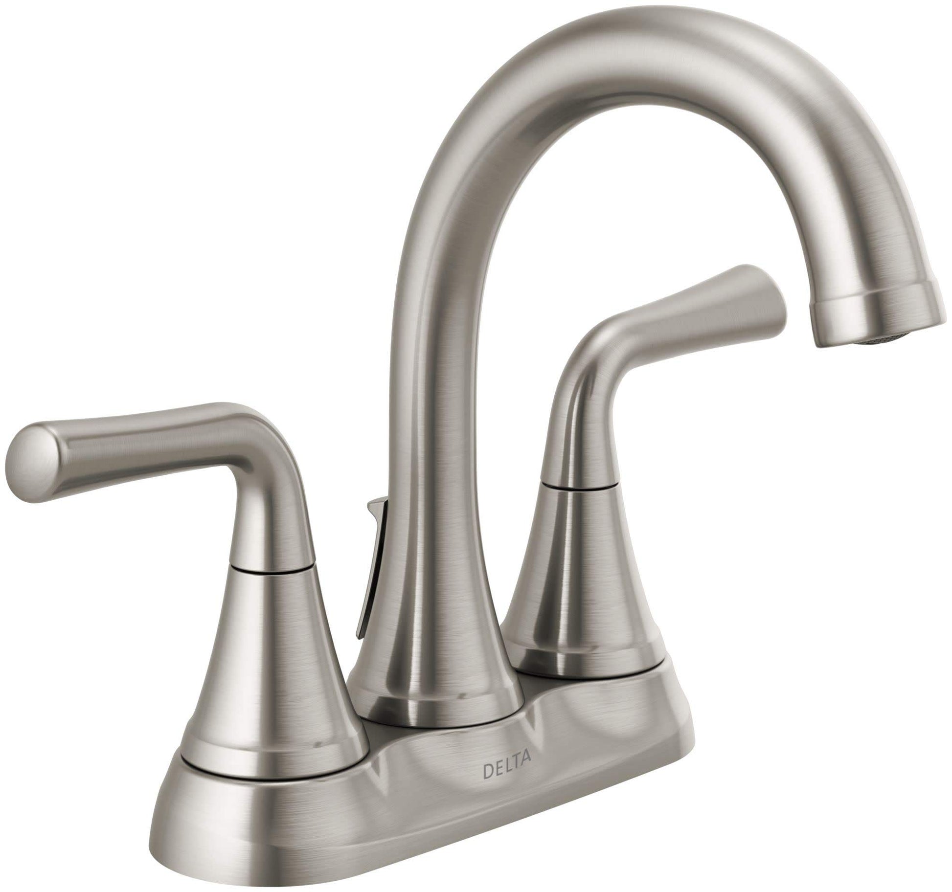 Brushed nickel two-handle bathroom faucet with curved spout and lever handles on rectangular base.