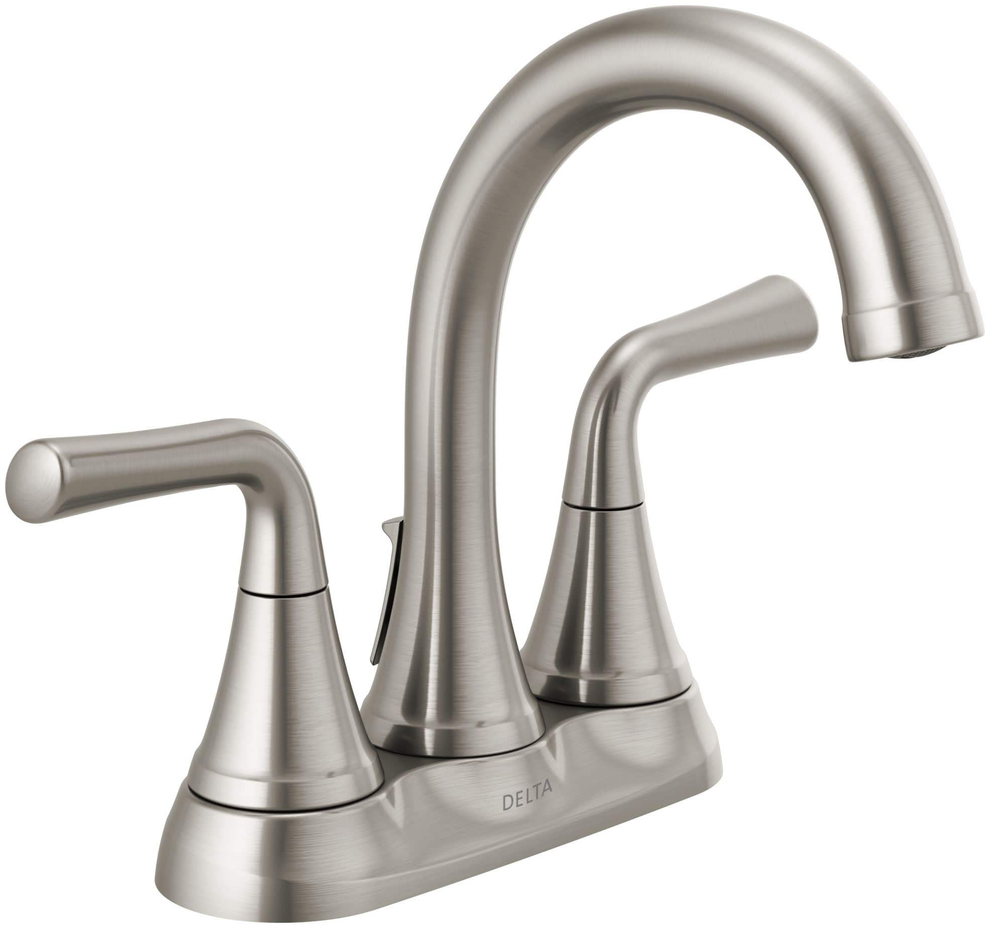 Brushed nickel two-handle bathroom faucet with curved spout and lever handles on rectangular base.
