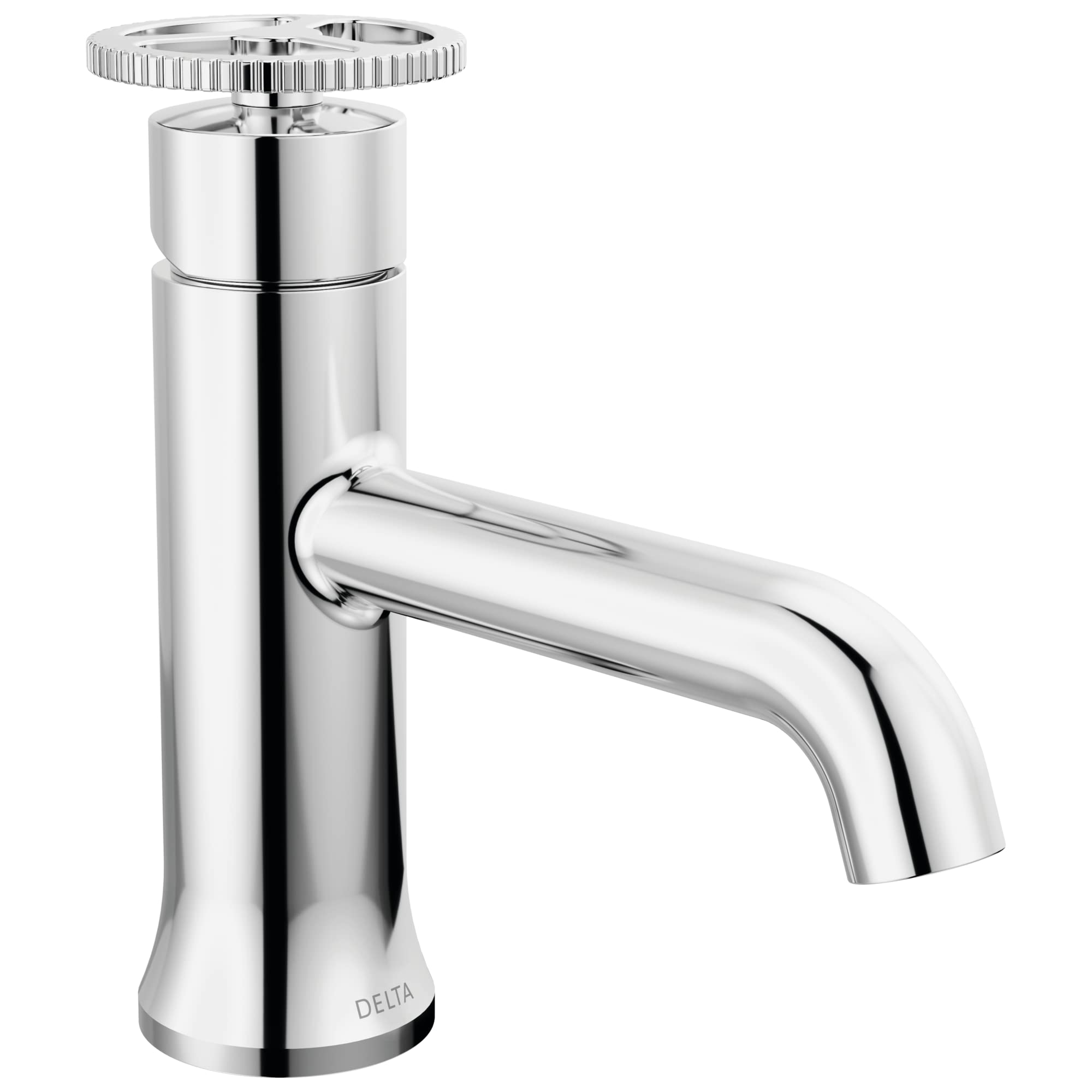 Chrome single-handle bathroom faucet with cylindrical body, wheel handle on top, and curved spout.
