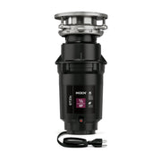 Moen GT33C garbage disposal with stainless steel collar, black motor body, and attached power cord on white background.
