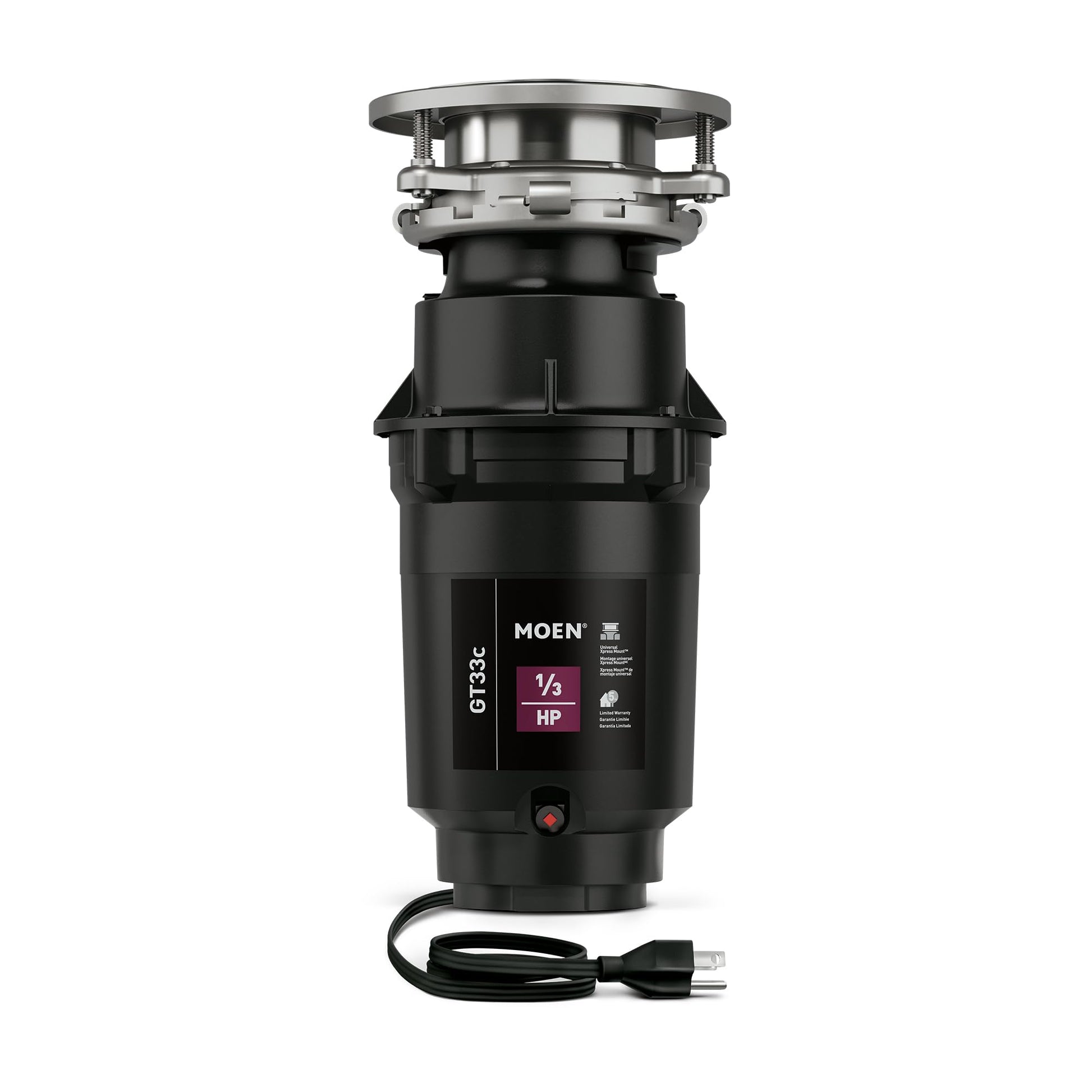 Moen GT33C garbage disposal with stainless steel collar, black motor body, and attached power cord on white background.