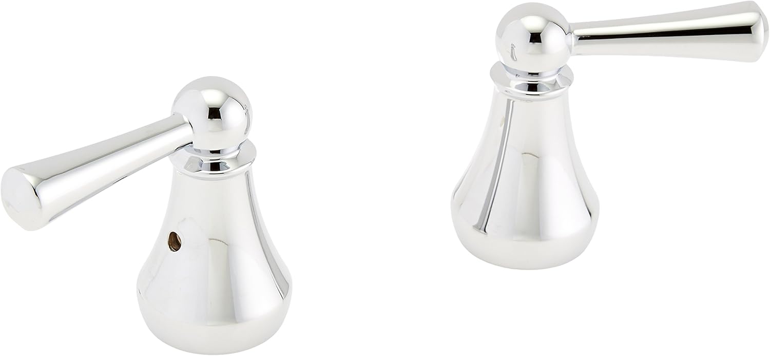 Chrome metal lever handles with tapered conical bases and spherical grips, shown as left and right pair.