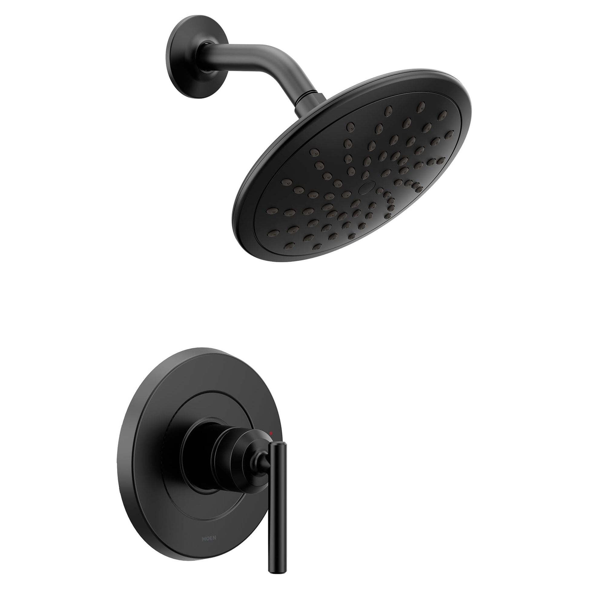Matte black single-handle shower trim kit with round showerhead and wall-mounted valve control.
