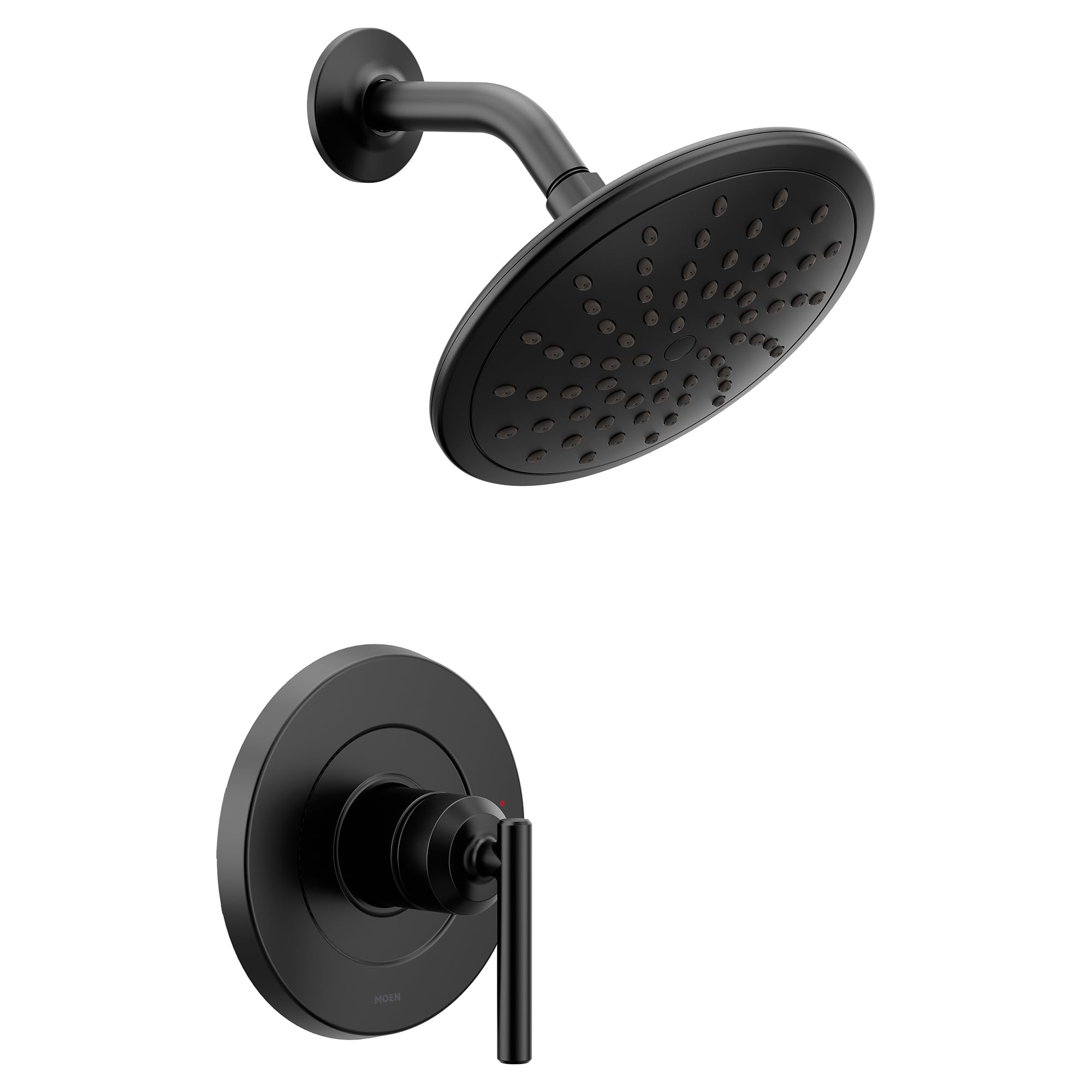Matte black single-handle shower trim kit with round showerhead and wall-mounted valve control.