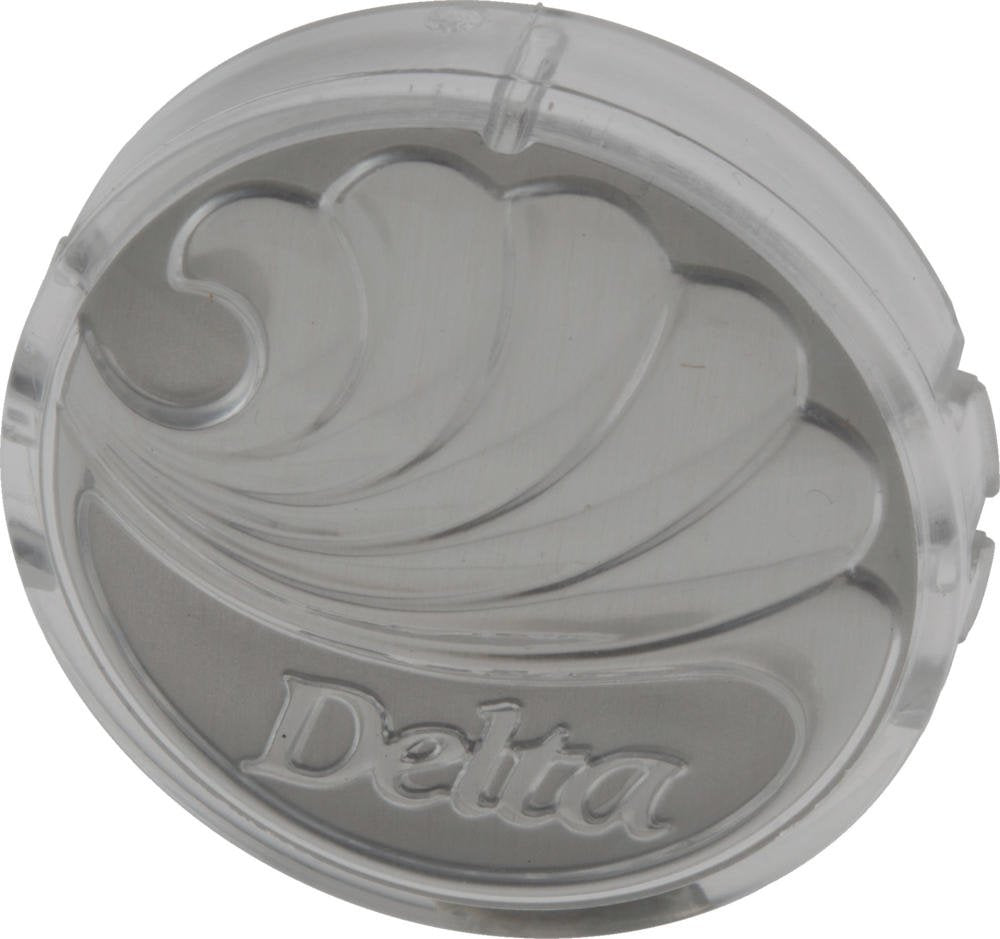 Clear Delta button with decorative swirl pattern and Delta logo for single-handle bathroom tub and shower faucet.