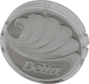 Clear Delta button with decorative swirl pattern and Delta logo for single-handle bathroom tub and shower faucet.