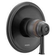 Moen Belfield matte black thermostatic shower valve trim with oval escutcheon and lever handle.