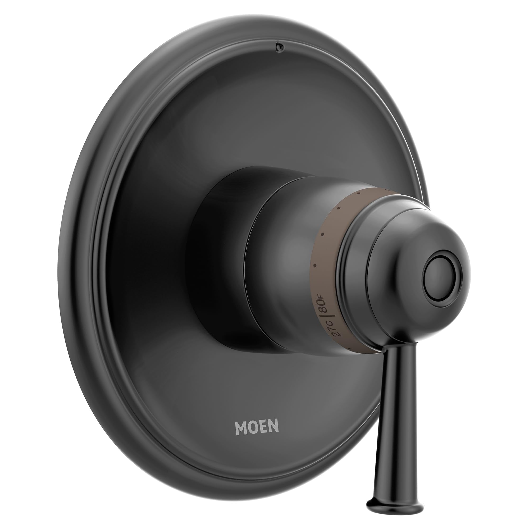 Moen Belfield matte black thermostatic shower valve trim with oval escutcheon and lever handle.