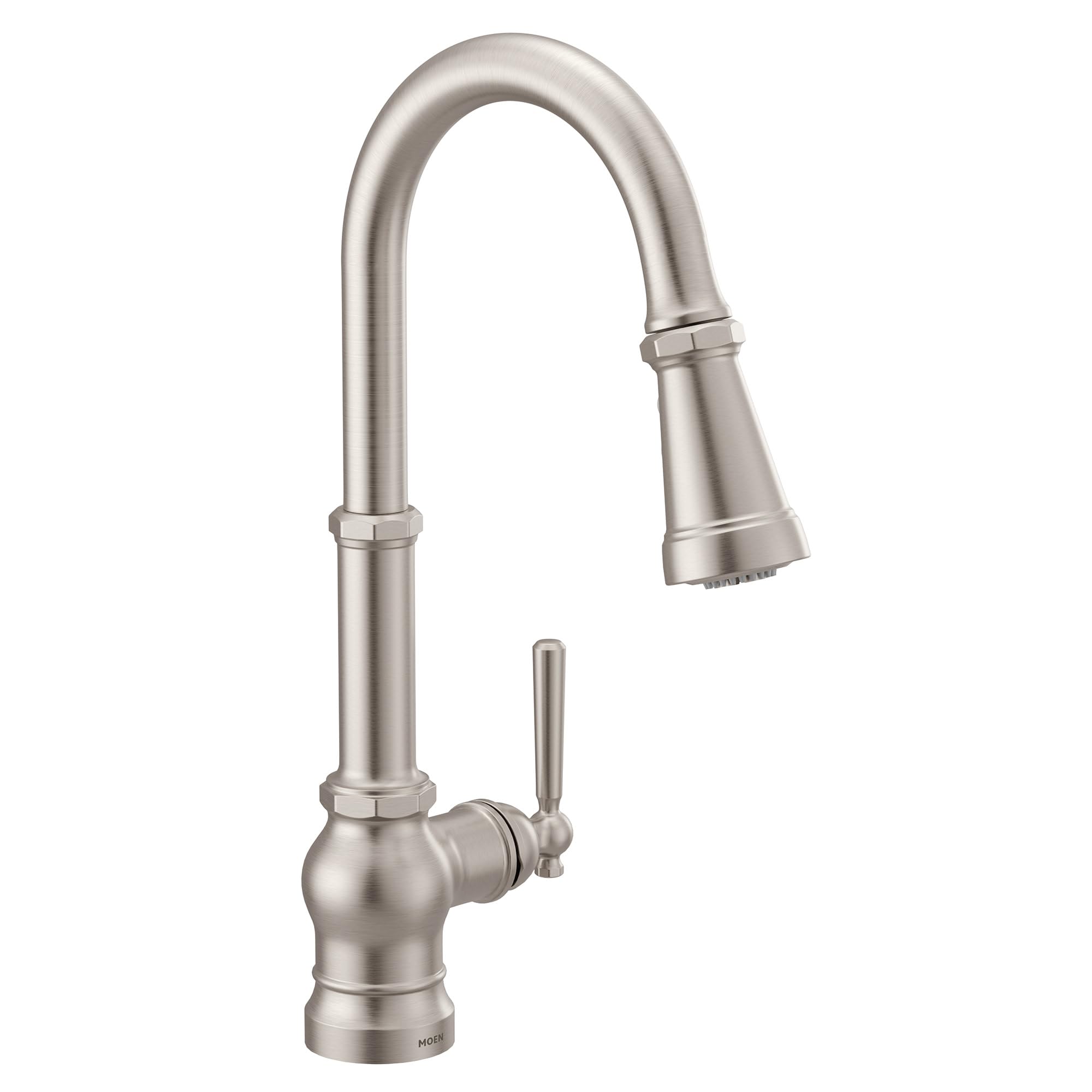 Stainless steel kitchen faucet with high curved spout, pulldown spray head, and single lever handle.