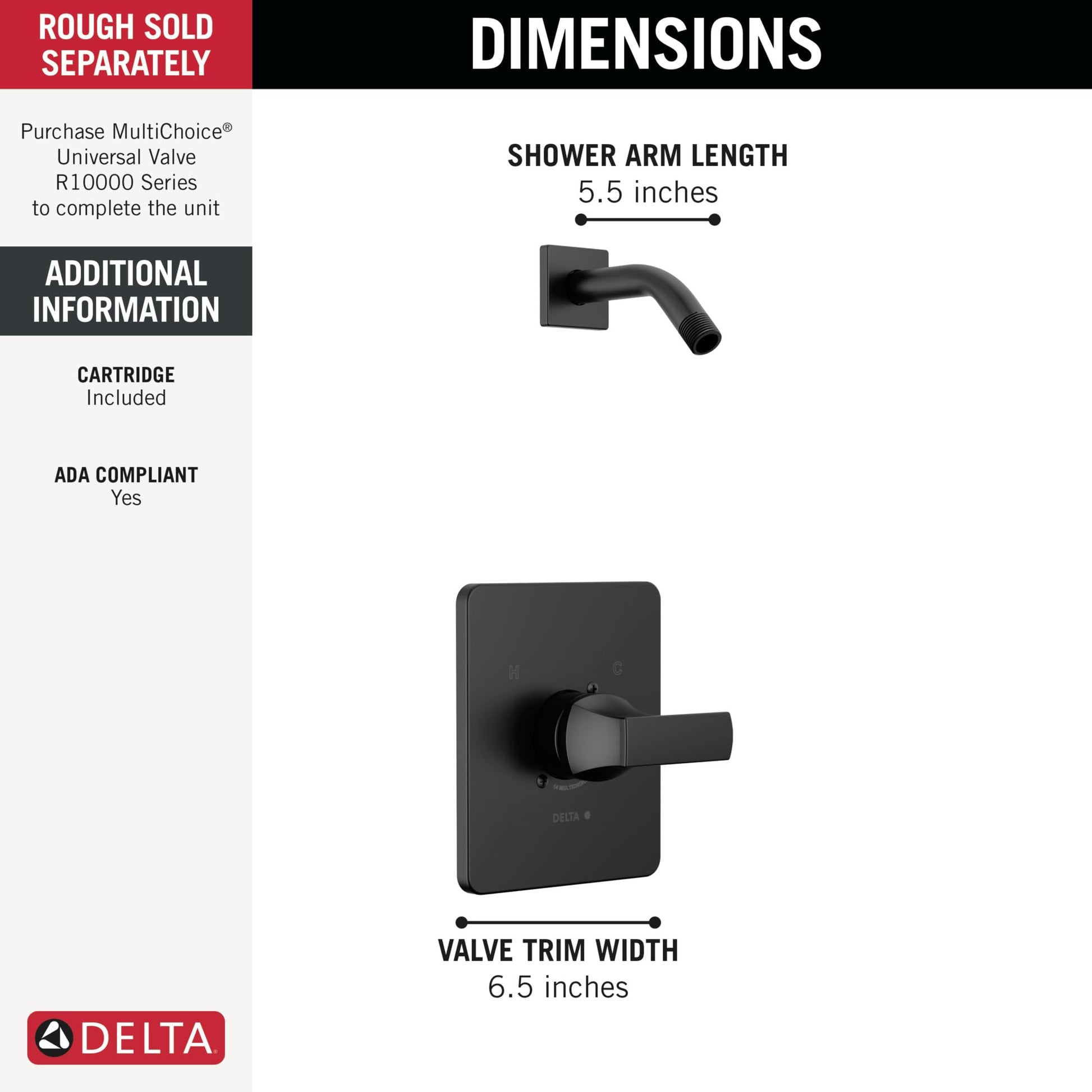 Matte black shower trim with rectangular valve plate and lever handle, 6.5 inches wide, with curved shower arm extending 5.5 