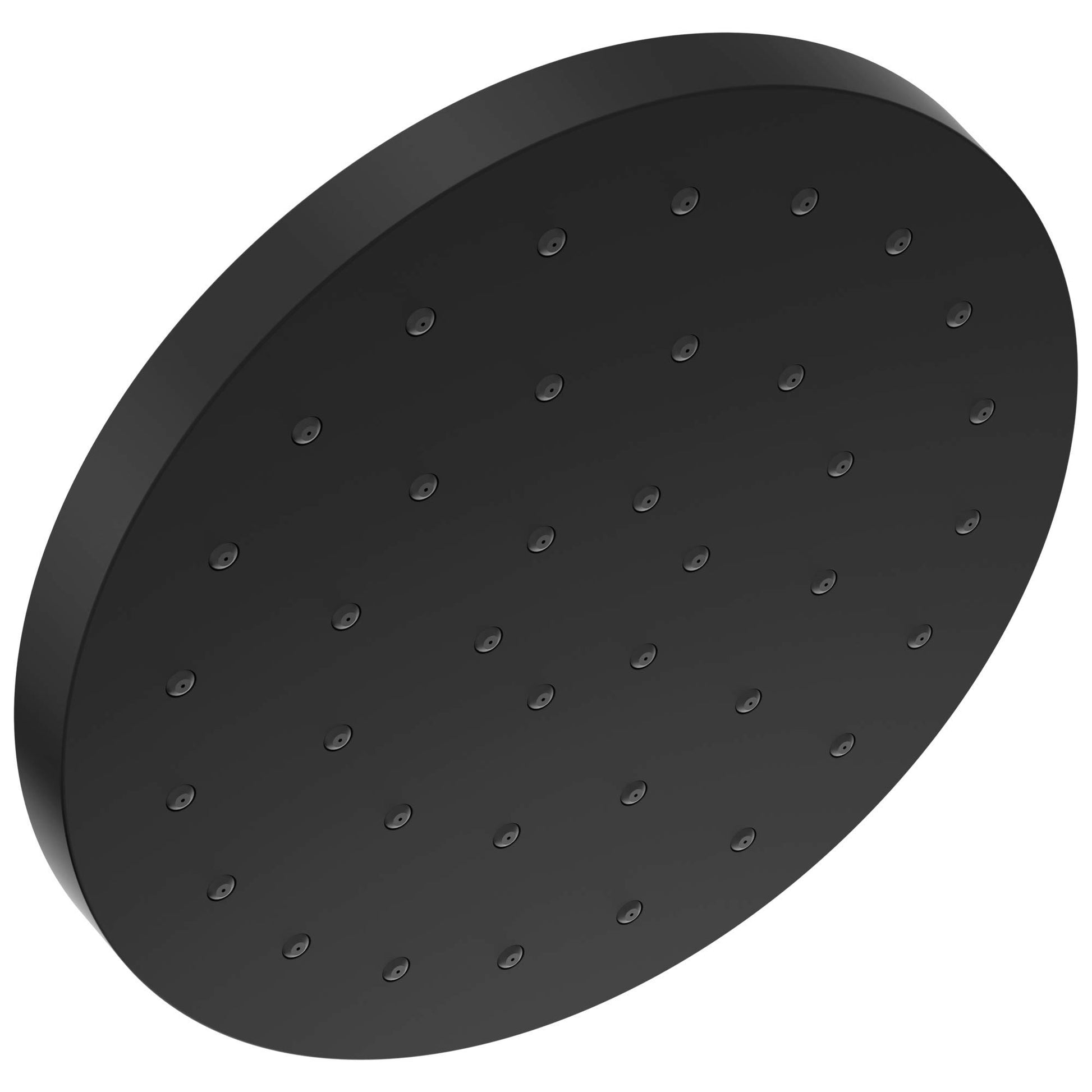 Black circular shower head with multiple spray nozzles evenly distributed across flat face.