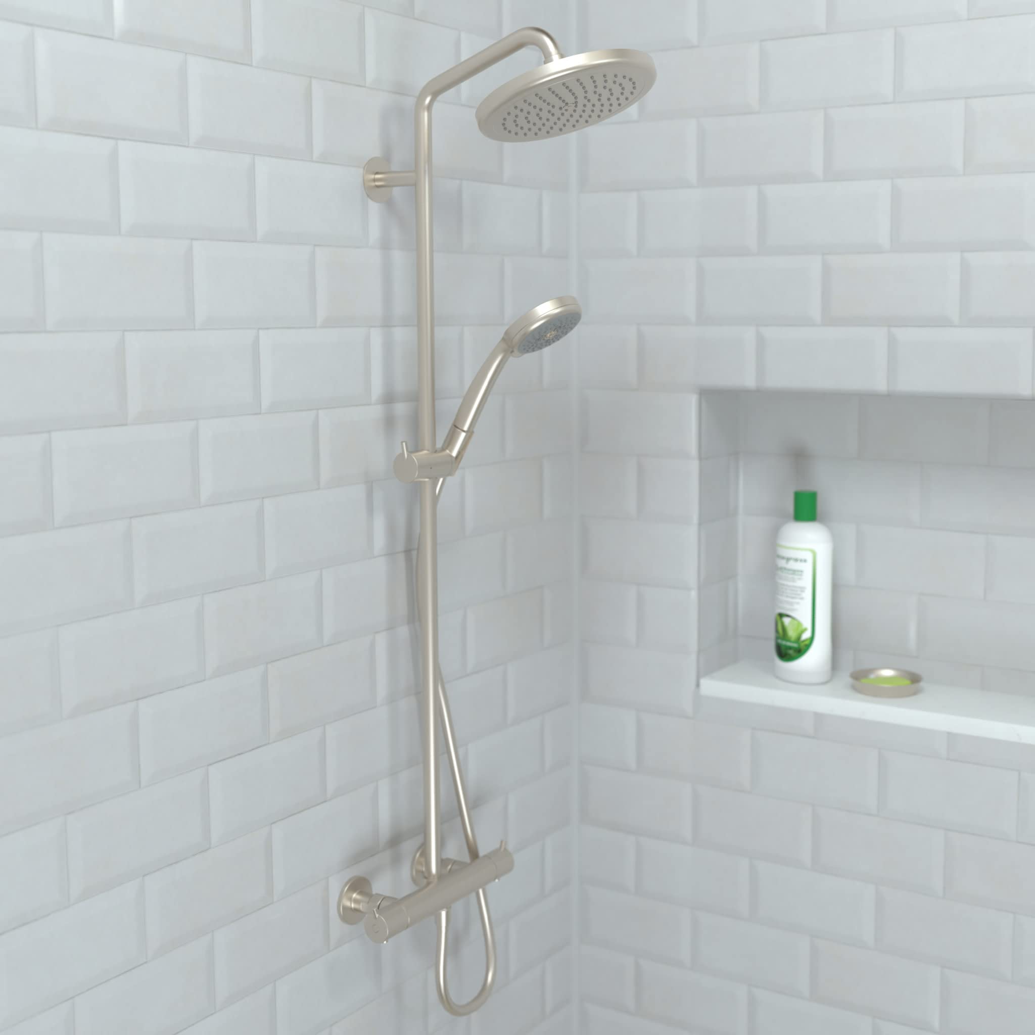 Brushed nickel shower system with round overhead head and handheld wand mounted on white subway tile wall.