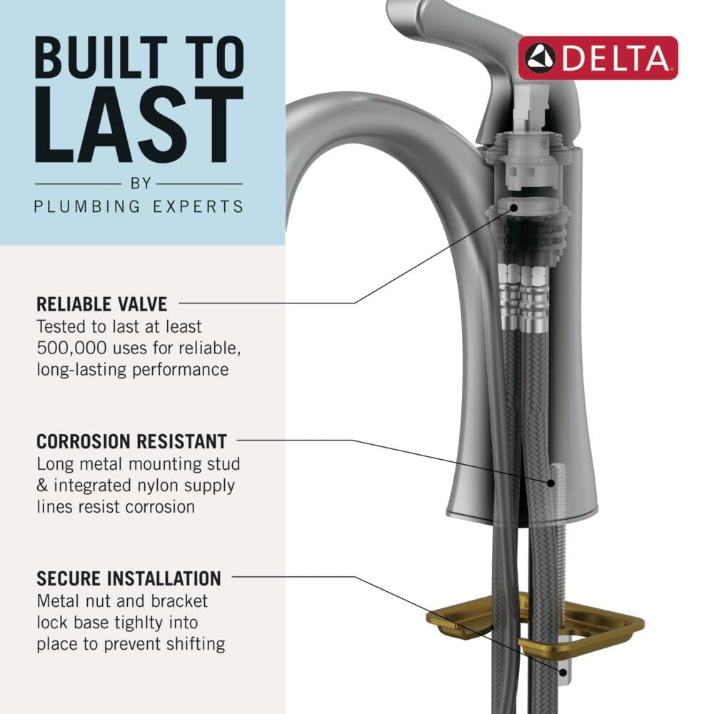 Chrome single-handle bathroom faucet with curved spout and internal valve components visible in cross-section diagram.