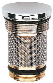 Grohe chrome non-return valve with mesh strainer and threaded connection.