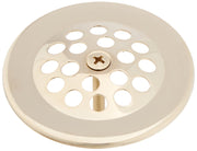 Polished nickel dome strainer with multiple drainage holes and brass screw insert in center.